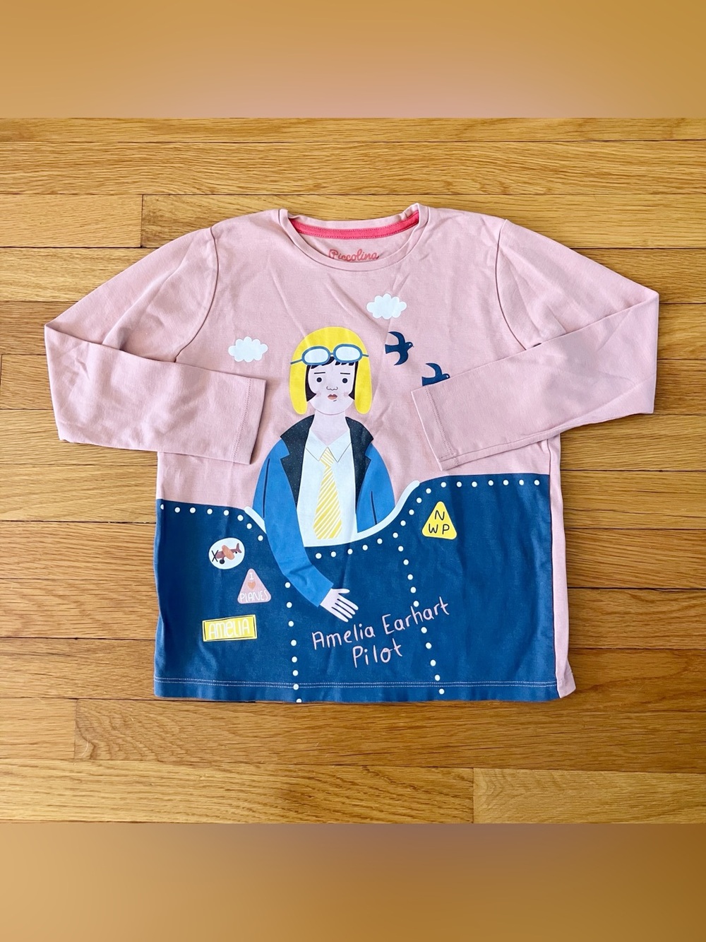 Piccolina Pink Amelia Earhart Airplane Pima Cotton Long Sleeve Tee T-Shirt 10